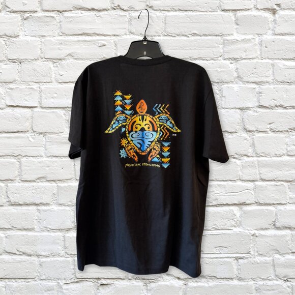 Men’s Large Black Graphic Tee – Roatán Honduras Tribal Turtle Print – Never Worn - Picture 2 of 3